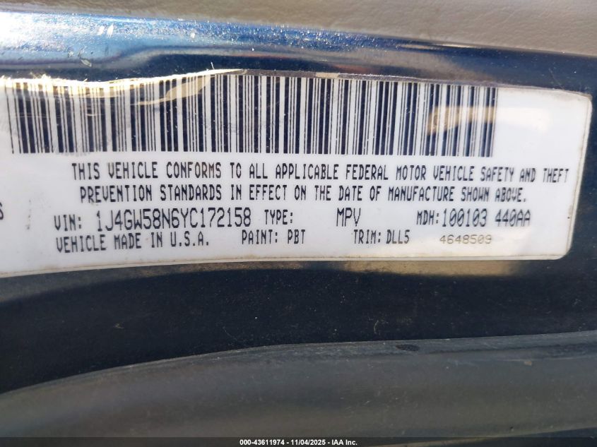 2000 Jeep Grand Cherokee Limited VIN: 1J4GW58N6YC172158 Lot: 43611974