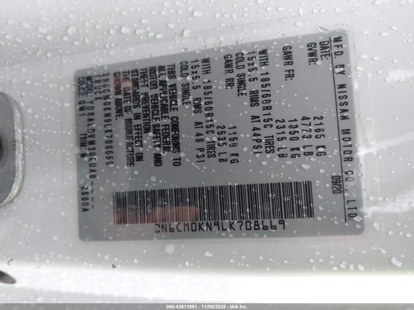 2020 NISSAN NV200  CARGO S XTRONIC CVT 3N6CM0KN9LK708669