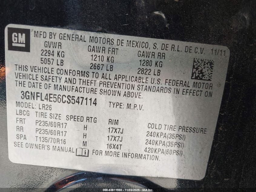 2012 Chevrolet Captiva Sport Ltz VIN: 3GNFL4E56CS547114 Lot: 43611988