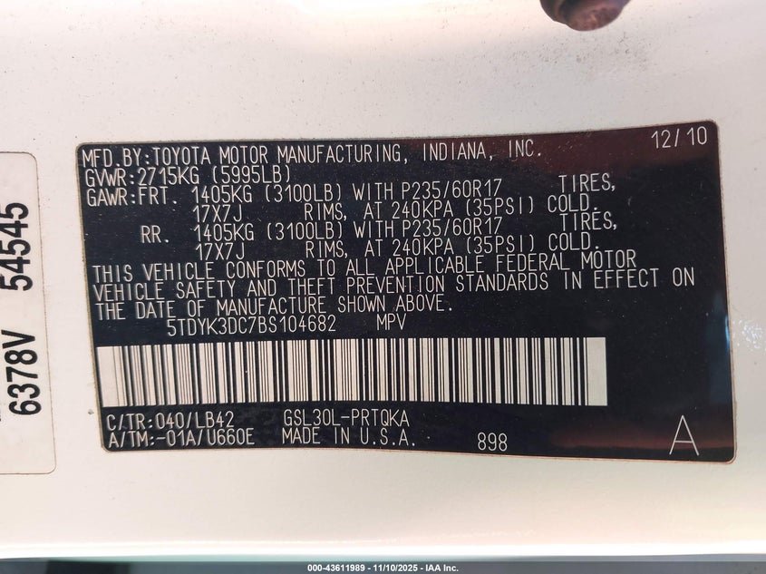 5TDYK3DC7BS104682 2011 TOYOTA SIENNA photo no. 9