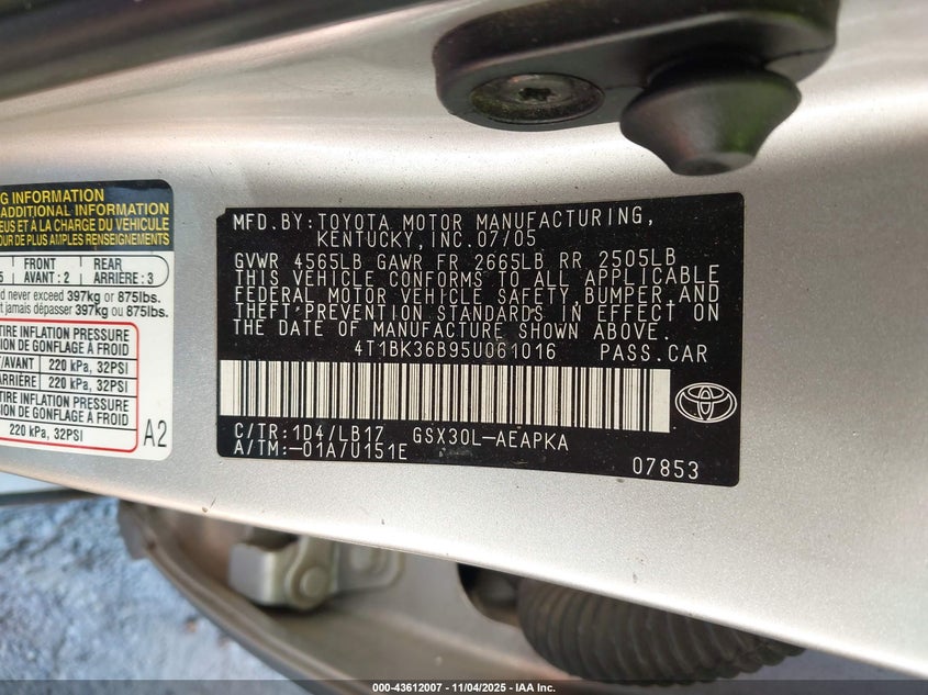 2005 Toyota Avalon Limited VIN: 4T1BK36B95U061016 Lot: 43612007