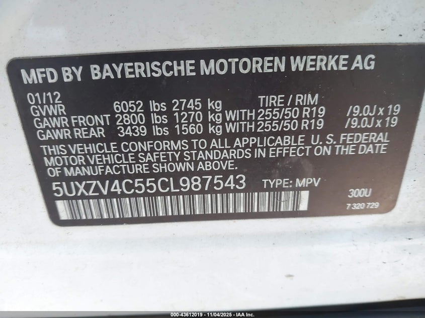 2012 BMW X5 xDrive35I/xDrive35I Premium/xDrive35I Sport Activity VIN: 5UXZV4C55CL987543 Lot: 43612019