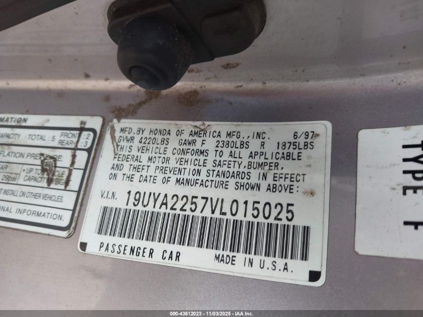 1997 Acura Cl 3.0 VIN: 19UYA2257VL015025 Lot: 43612023