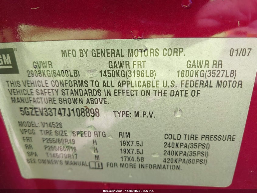 2007 Saturn Outlook Xr VIN: 5GZEV33747J108898 Lot: 43612031