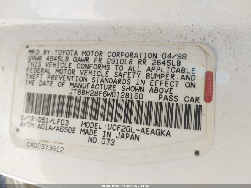 1998 Lexus Ls 400 VIN: JT8BH28F6W0128160 Lot: 43612061