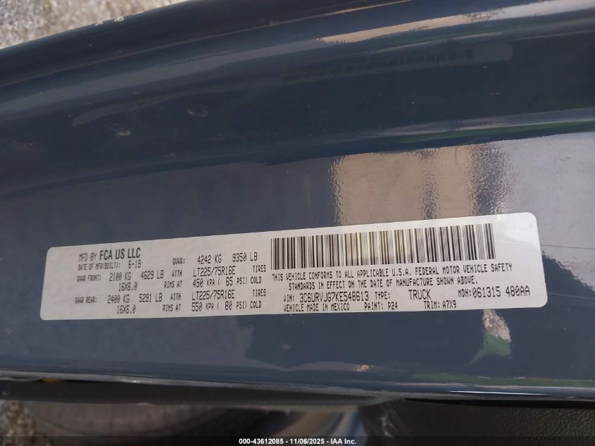 2019 Ram Promaster 3500 Cargo Van High Roof 159 Wb Ext VIN: 3C6URVJG7KE548613 Lot: 43612085