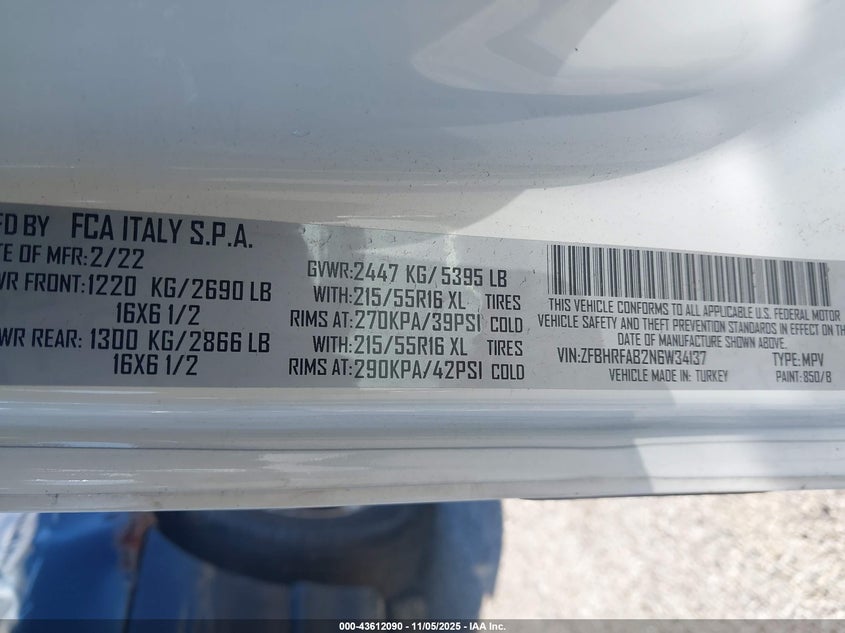 2022 Ram Promaster City Cargo Van VIN: ZFBHRFAB2N6W34137 Lot: 43612090