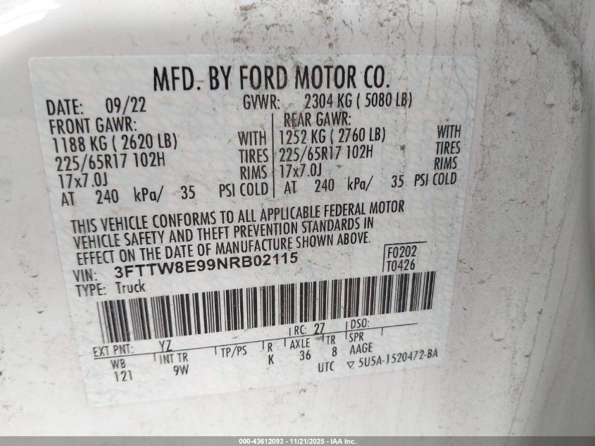 2022 Ford Maverick Xl VIN: 3FTTW8E99NRB02115 Lot: 43612093