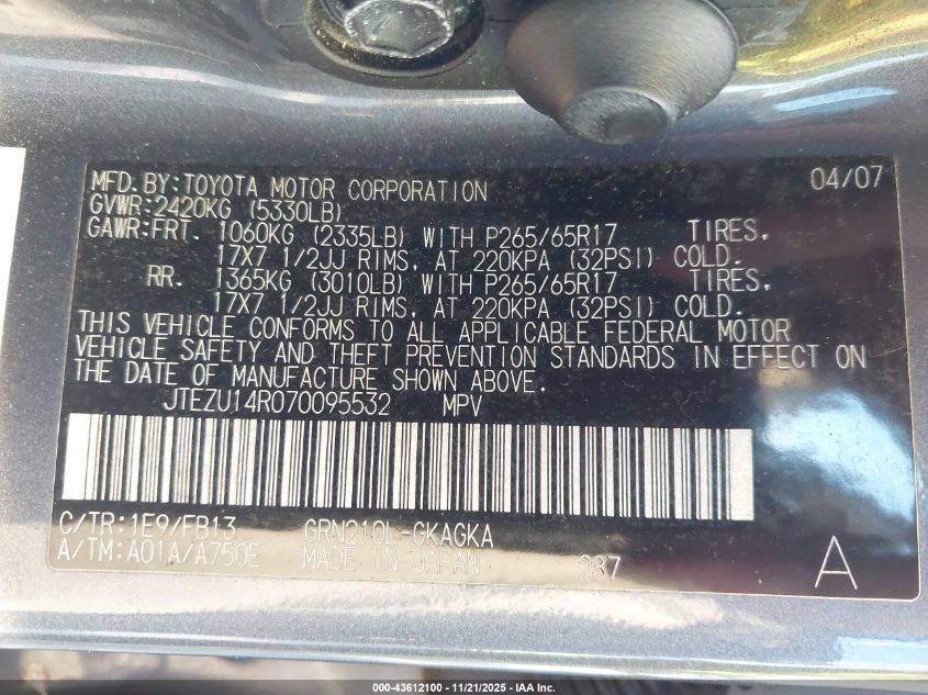 2007 Toyota 4Runner Sport V6/Sr5 V6 VIN: JTEZU14R070095532 Lot: 43612100