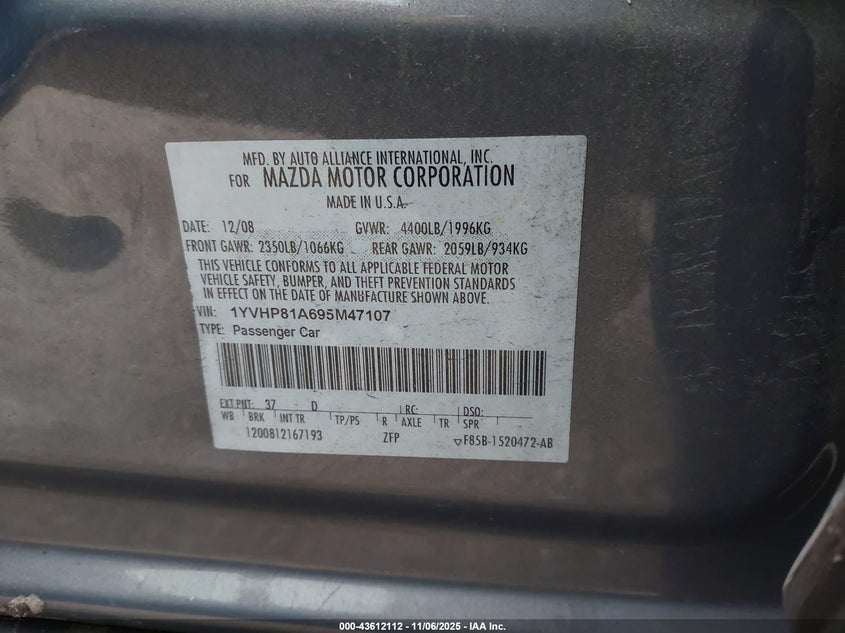 2009 Mazda Mazda6 I Sport VIN: 1YVHP81A695M47107 Lot: 43612112