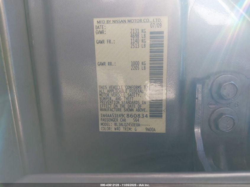 2009 Nissan Maxima 3.5 S VIN: 1N4AA51E49C860834 Lot: 43612128