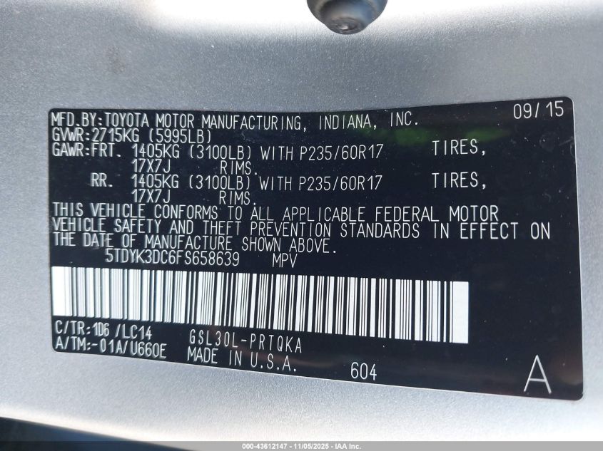 2015 Toyota Sienna Xle 8 Passenger VIN: 5TDYK3DC6FS658639 Lot: 43612147