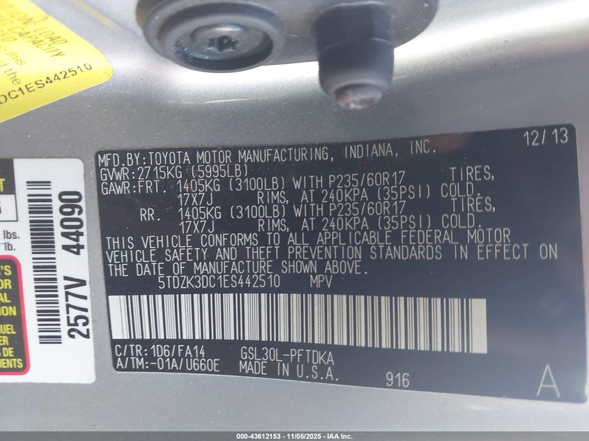 2014 TOYOTA SIENNA L V6 7 PASSENGER 5TDZK3DC1ES442510