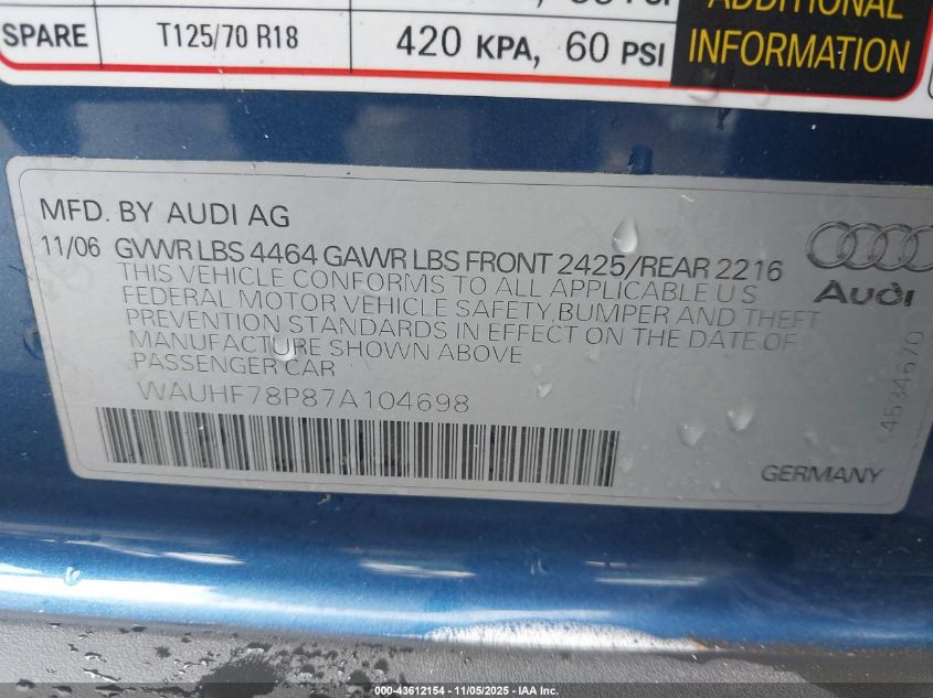 2007 Audi A3 2.0T VIN: WAUHF78P87A104698 Lot: 43612154