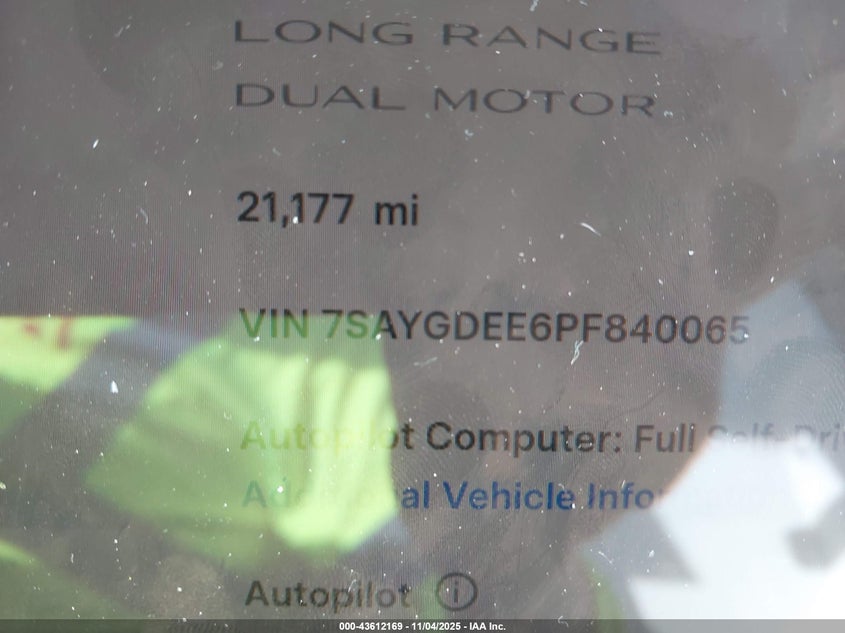 2023 Tesla Model Y Awd/Long Range Dual Motor All-Wheel Drive VIN: 7SAYGDEE6PF840065 Lot: 43612169