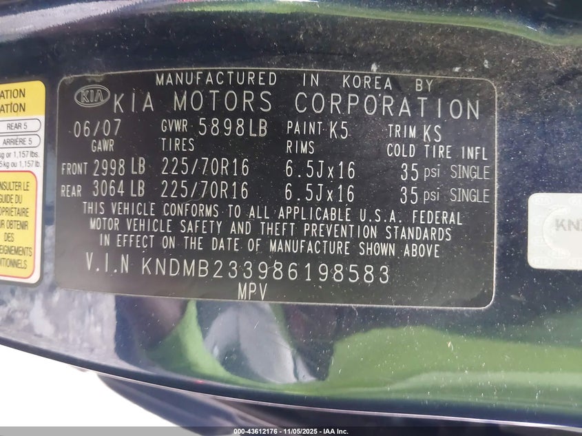 2008 Kia Sedona Lx VIN: KNDMB233986198583 Lot: 43612176