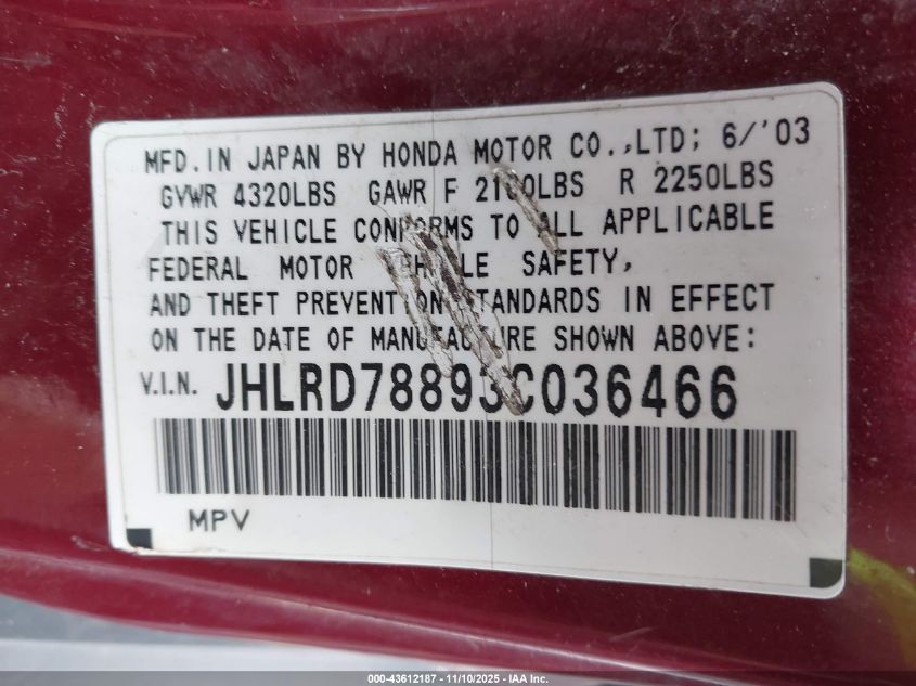 2003 Honda Cr-V Ex VIN: JHLRD78893C036466 Lot: 43612187