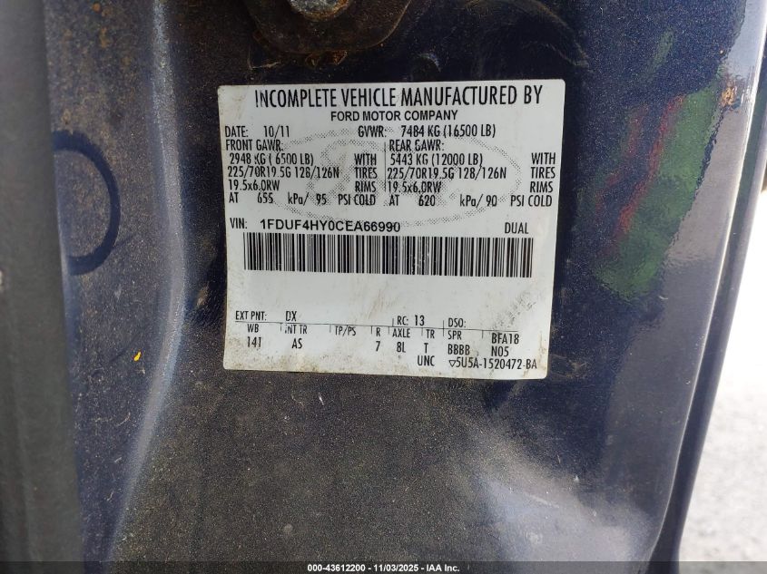 2012 Ford F-450 Chassis Xl VIN: 1FDUF4HY0CEA66990 Lot: 43612200