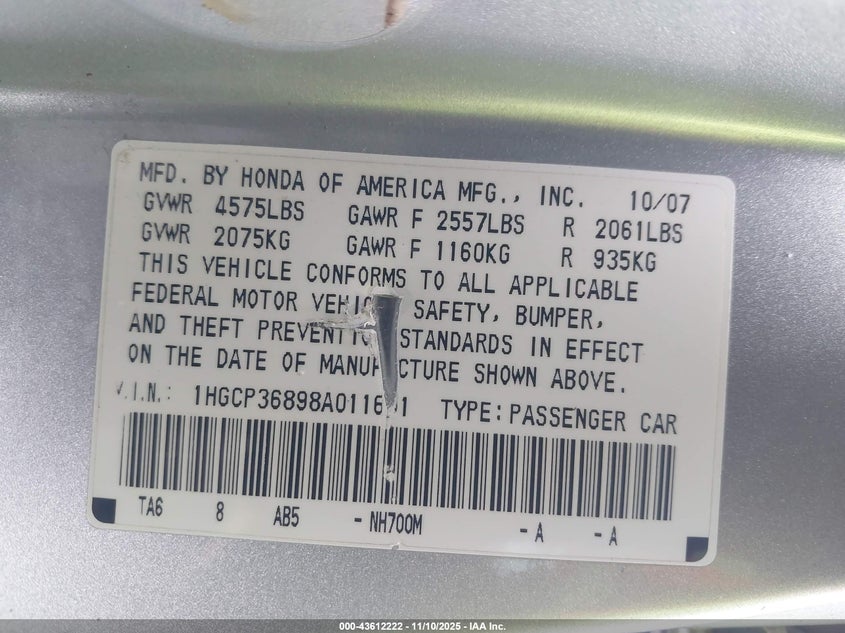 1HGCP36898A011691 2008 HONDA ACCORD photo no. 9