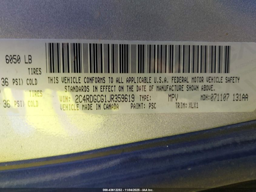 2018 Dodge Grand Caravan Sxt VIN: 2C4RDGCG1JR359619 Lot: 43612252