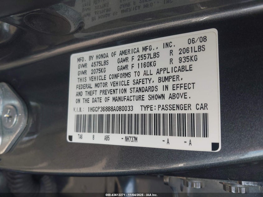 1HGCP36888A080033 2008 HONDA ACCORD photo no. 9