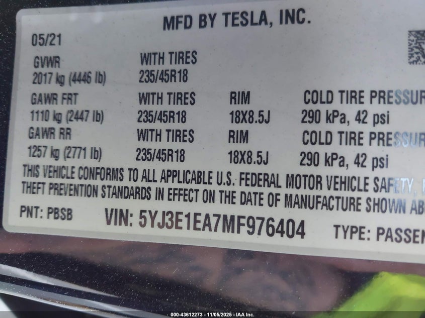 2021 Tesla Model 3 Standard Range Plus Rear-Wheel Drive VIN: 5YJ3E1EA7MF976404 Lot: 43612273