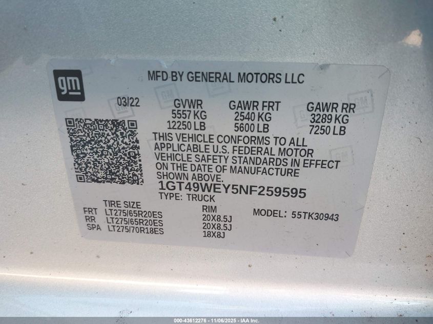 2022 GMC Sierra 3500Hd 4Wd Long Bed Denali VIN: 1GT49WEY5NF259595 Lot: 43612276