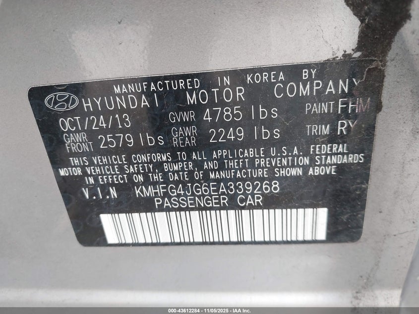 2014 Hyundai Azera VIN: KMHFG4JG6EA339268 Lot: 43612284