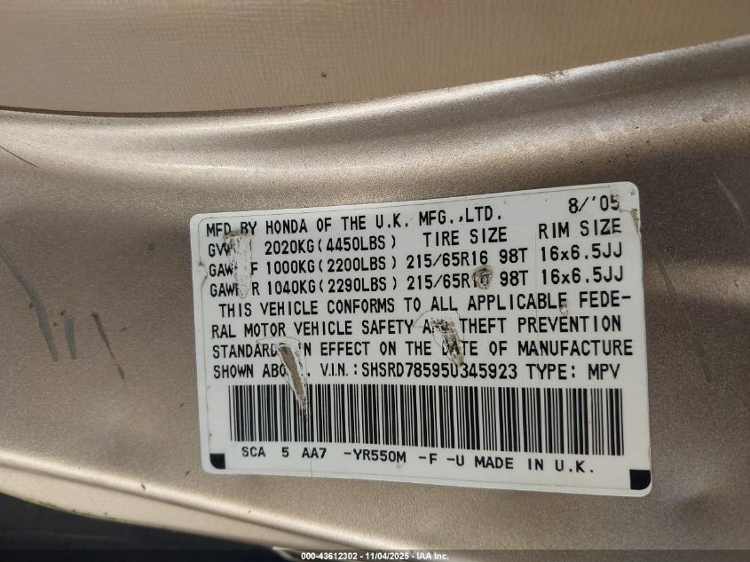 2005 Honda Cr-V Lx VIN: SHSRD78595U345923 Lot: 43612302