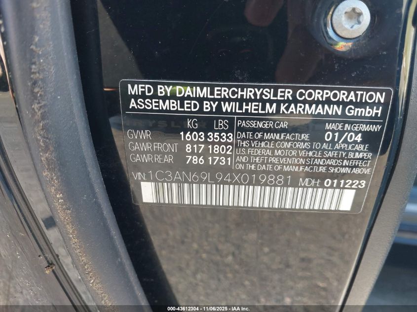 2004 Chrysler Crossfire Limited VIN: 1C3AN69L94X0198 Lot: 43612304