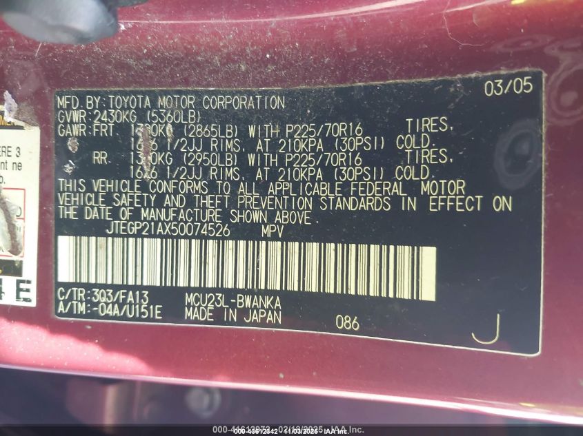 2005 Toyota Highlander V6 VIN: JTEGP21AX50074526 Lot: 43612342