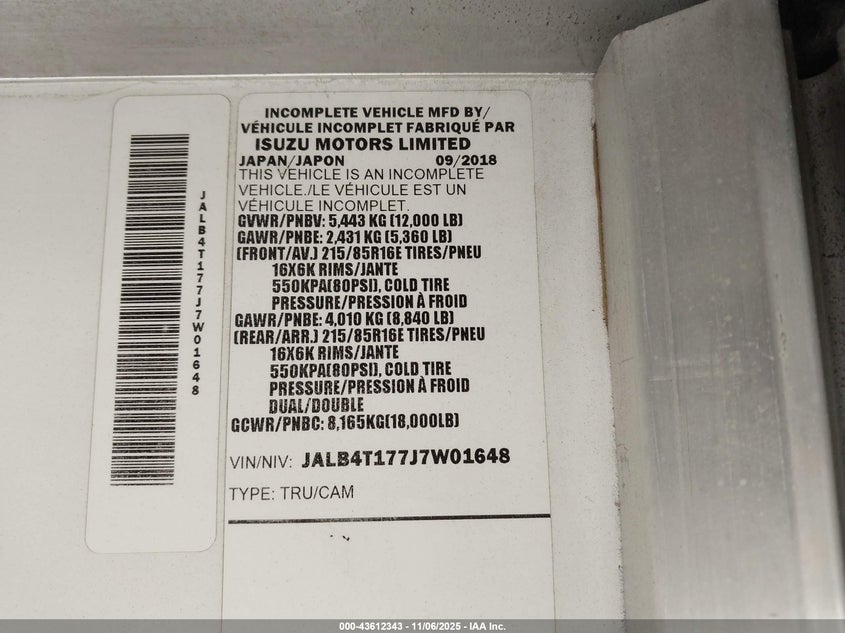 2018 Isuzu Reach VIN: JALB4T177J7W01648 Lot: 43612343