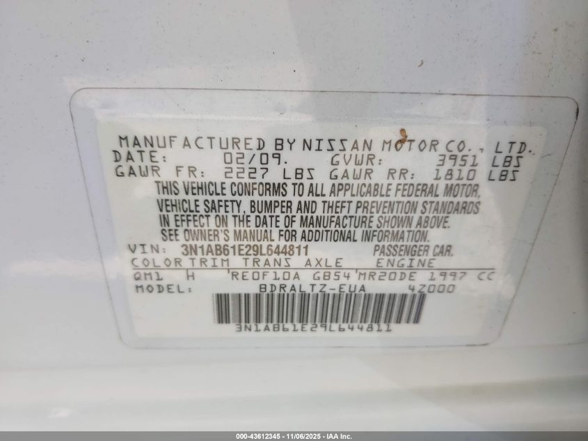 2009 Nissan Sentra 2.0S VIN: 3N1AB61E29L644811 Lot: 43612345