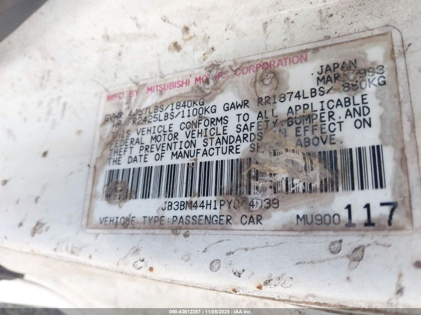 1993 Dodge Stealth VIN: JB3BM44H1PY044039 Lot: 43612357