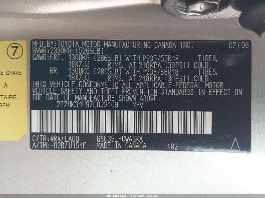 2007 Lexus Rx 350 VIN: 2T2HK31U97C023109 Lot: 43612364