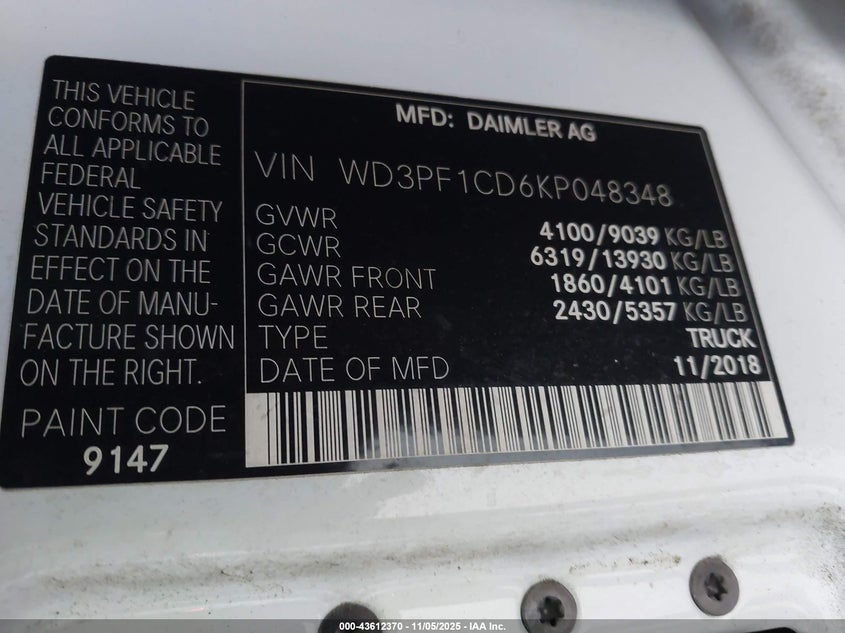 2019 MERCEDES-BENZ SPRINTER 2500 HIGH ROOF V6 WD3PF1CD6KP048348