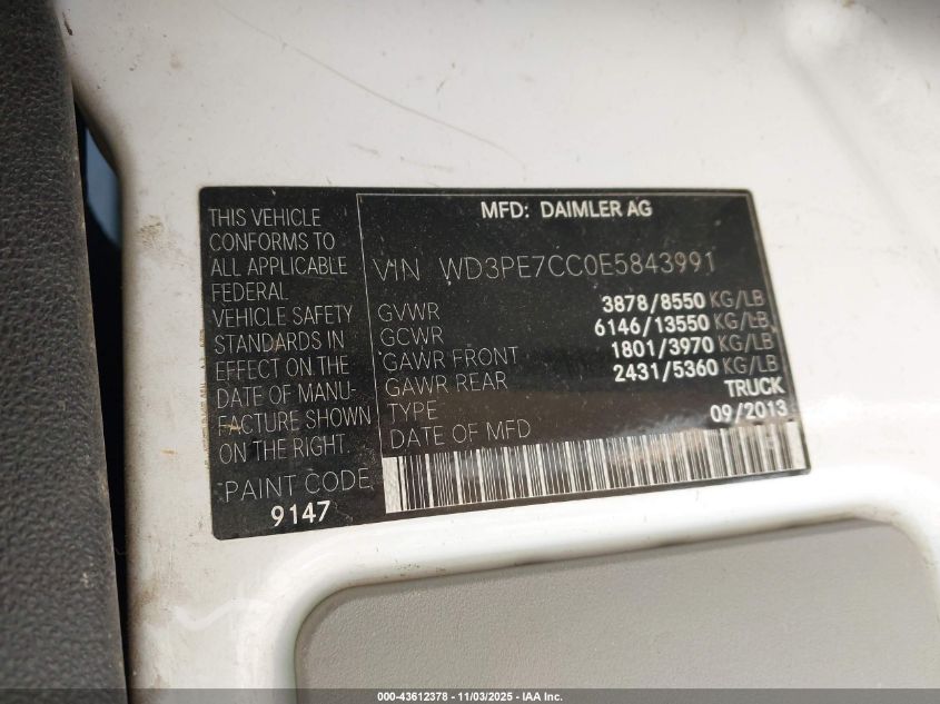 2014 Mercedes-Benz Sprinter 2500 Normal Roof VIN: WD3PE7CC0E5843991 Lot: 43612378