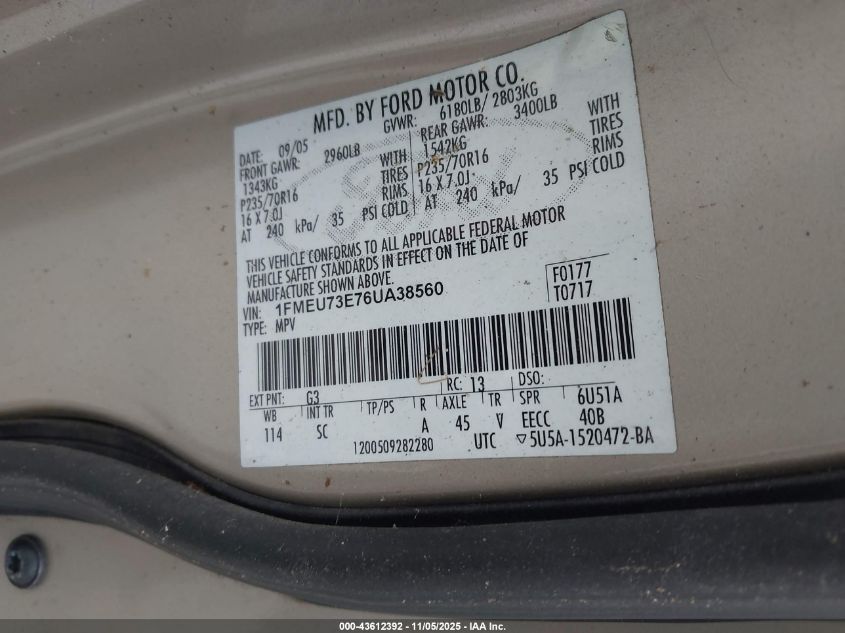 2006 Ford Explorer Xlt VIN: 1FMEU73E76UA38560 Lot: 43612392