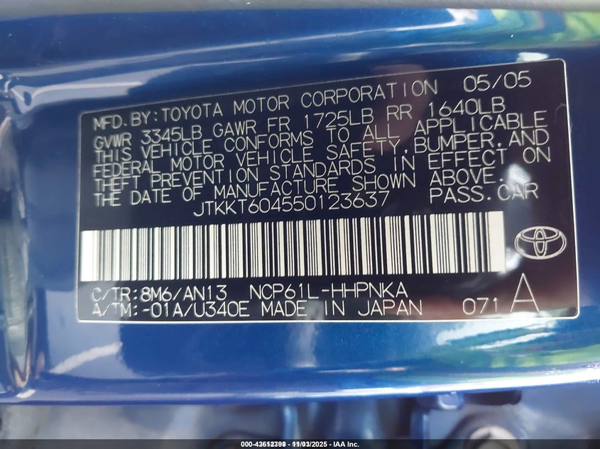 2005 Scion Xa VIN: JTKKT604550123637 Lot: 43612399