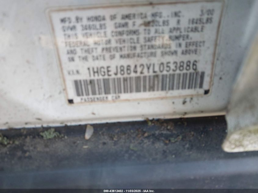 2000 Honda Civic Ex VIN: 1HGEJ8642YL053886 Lot: 43612402