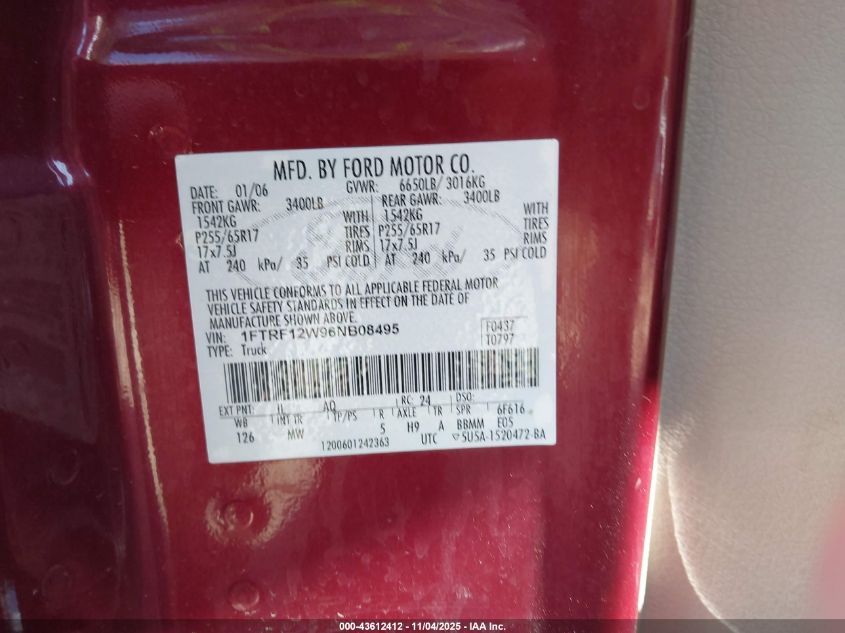 2006 Ford F-150 Stx/Xl/Xlt VIN: 1FTRF12W96NB08495 Lot: 43612412
