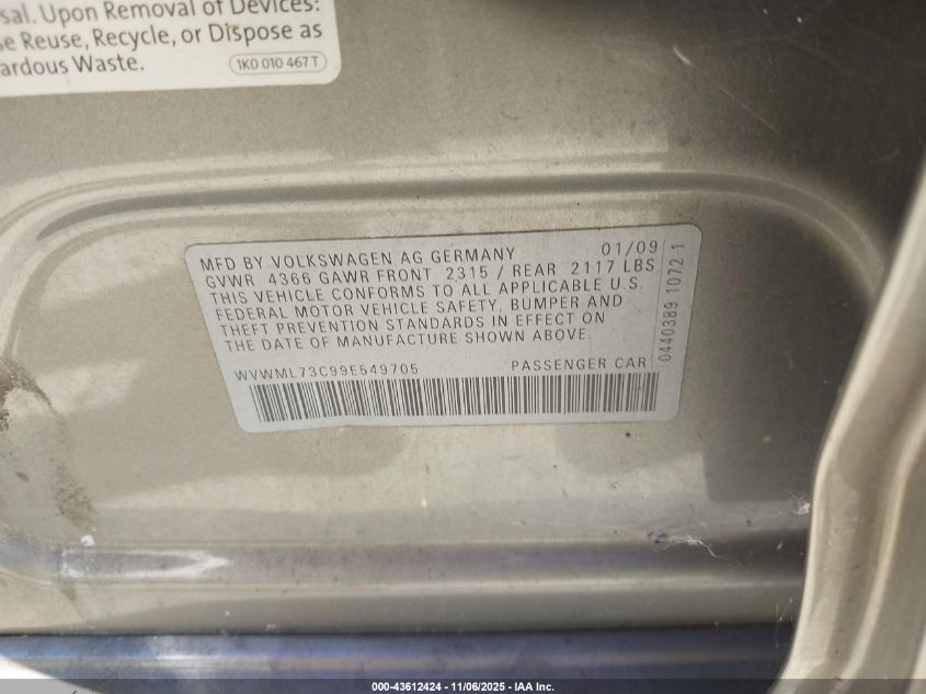 2009 Volkswagen Cc Sport VIN: WVWML73C99E549705 Lot: 43612424