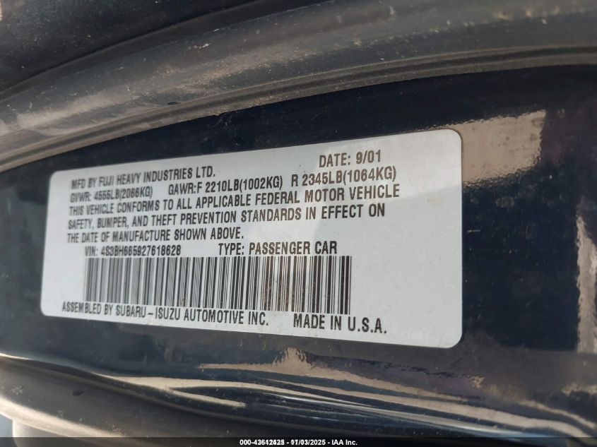 2002 Subaru Outback VIN: 4S3BH665927618628 Lot: 43612425