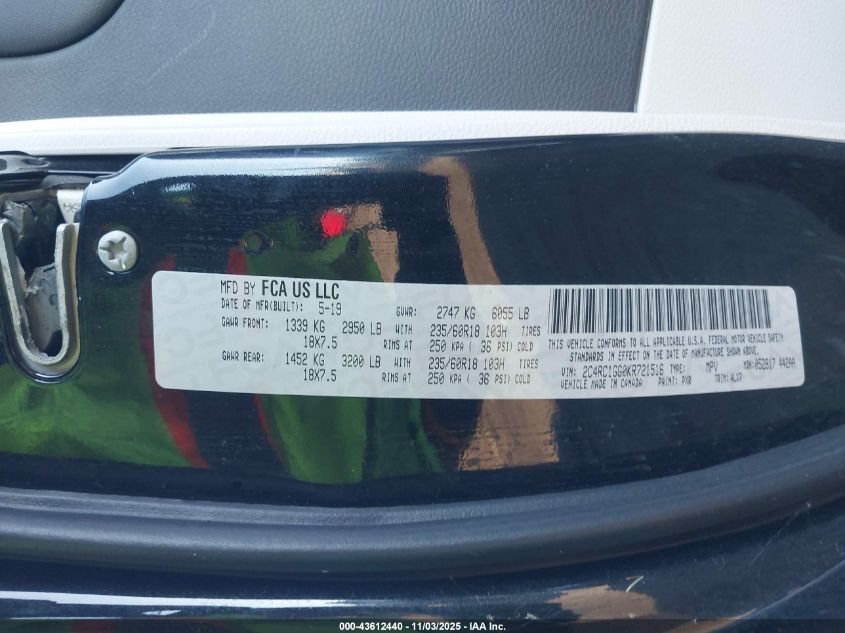 2019 Chrysler Pacifica Limited VIN: 2C4RC1GG0KR721516 Lot: 43612440