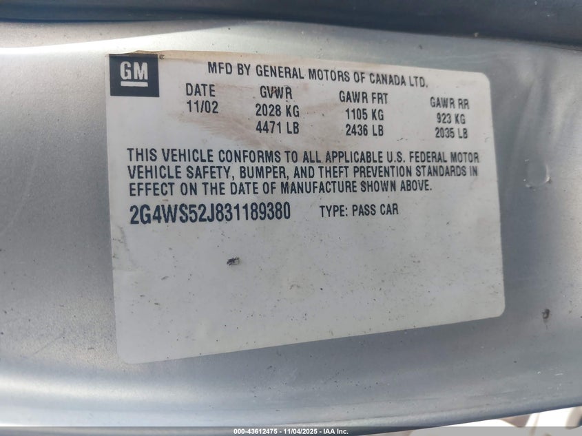 2G4WS52J831189380 2003 BUICK CENTURY photo no. 9