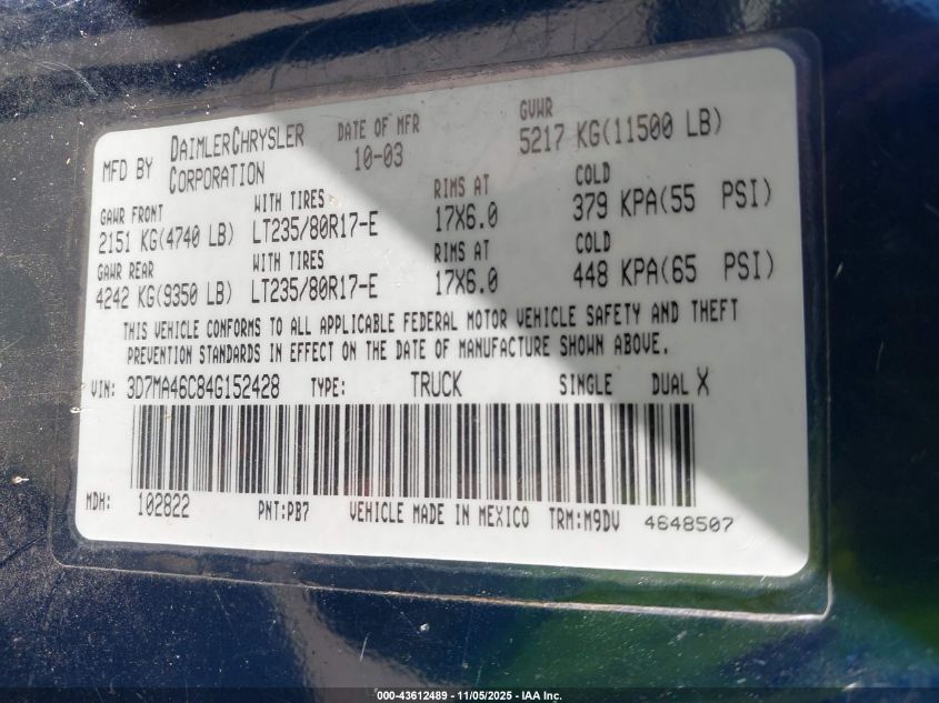 2004 Dodge Ram 3500 Slt/Laramie VIN: 3D7MA46C84G152428 Lot: 43612489