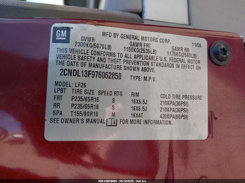 2007 Chevrolet Equinox Ls VIN: 2CNDL13F976062850 Lot: 43612493