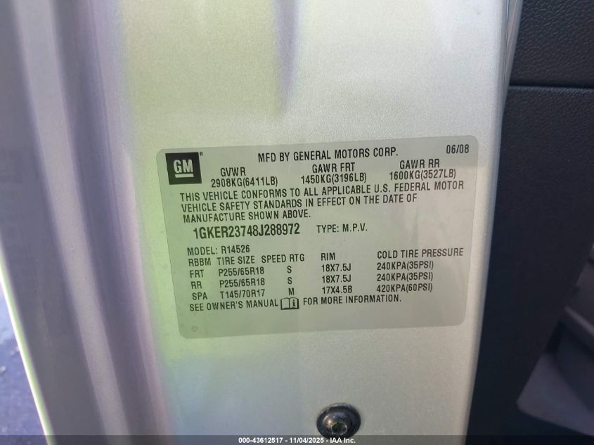 2008 GMC Acadia Slt-1 VIN: 1GKER23748J288972 Lot: 43612517