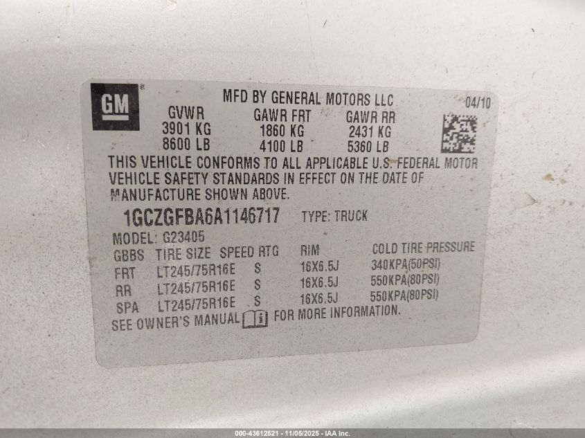 2010 Chevrolet Express 2500 Work Van VIN: 1GCZGFBA6A1146717 Lot: 43612521