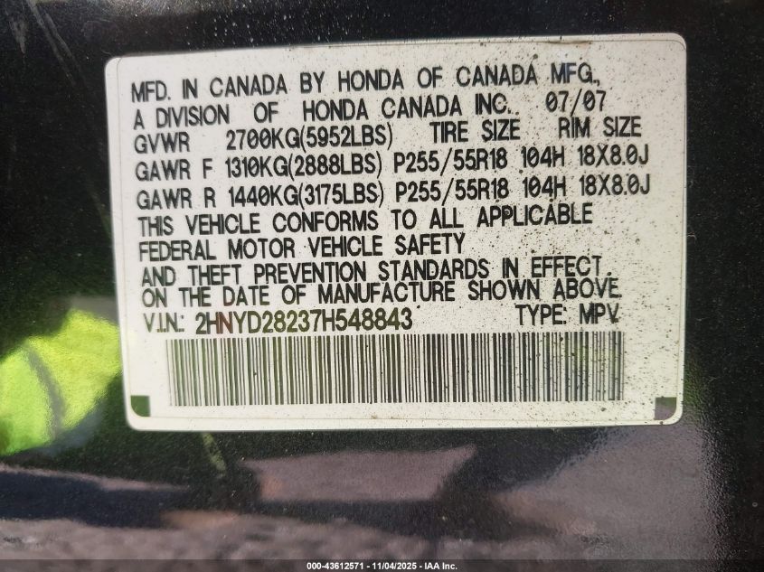 2007 Acura Mdx VIN: 2HNYD28237H548843 Lot: 43612571